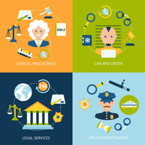 Business concept flat icons set of law and order judicial proceedings legal services police investigation infographic design elements vector illustration